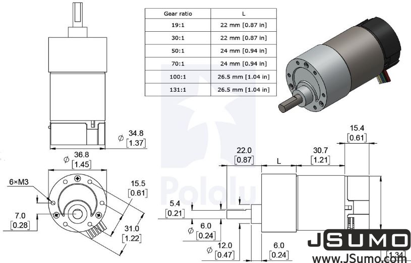 Motor 12V 50:1 - 6mm D shaft - 37D - metal gearbox - 64 CPR encoder